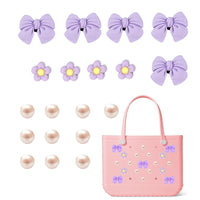 5 purple bows 4 flowers 10 pearls
