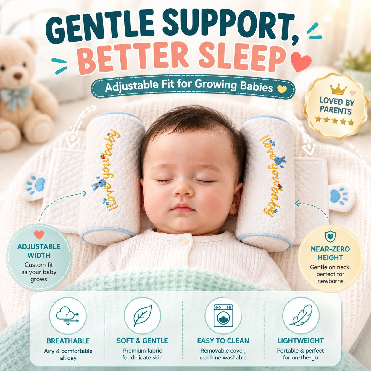 👶 Adjustable Baby Head Support Pillow - Gentle Support.  Happy Sleep💤