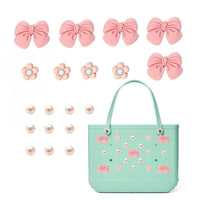5 pink bows 4 flowers 10 pearls