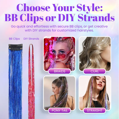 👑Prom’s Most-Wanted: Vibrant Laser Hair Tinsel! 💃(Available in Snap Clips & DIY Strands)