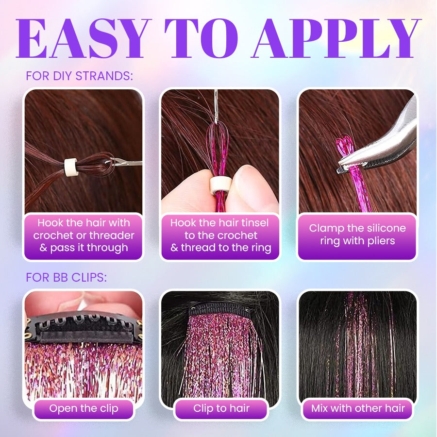 👑Prom’s Most-Wanted: Vibrant Laser Hair Tinsel! 💃(Available in Snap Clips & DIY Strands)