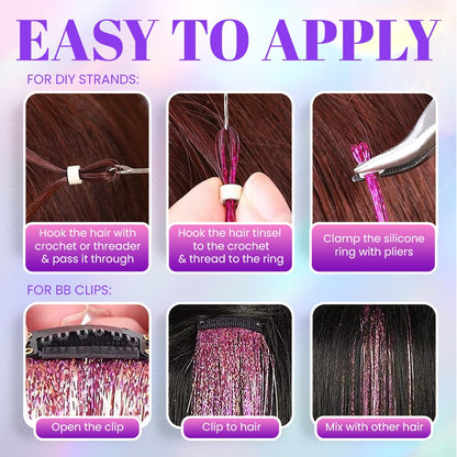 👑Prom’s Most-Wanted: Vibrant Laser Hair Tinsel! 💃(Available in Snap Clips & DIY Strands)