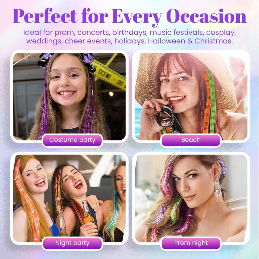 👑Prom’s Most-Wanted: Vibrant Laser Hair Tinsel! 💃(Available in Snap Clips & DIY Strands)